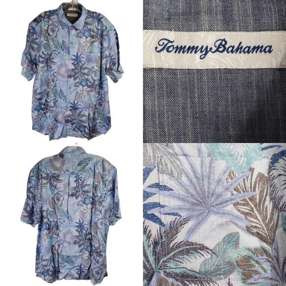 Tommy Bahama Men’s L Shirt Short Sleeve Palm Trees MButton Up Blue Resort Wear - Picture 1 of 10